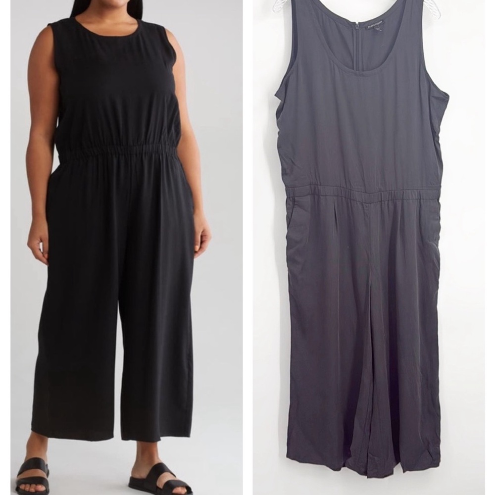 Eileen Fisher Gray Tencel Jersey Wide Leg Cropped Jumpsuit Pockets Sz large